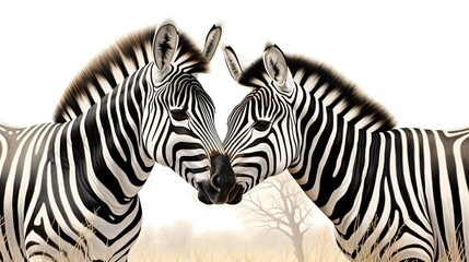Fototapeta premium Two Zebras Touch Noses in a Tender Moment Amid Soft Dawn Mist