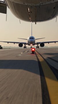 Airplane gliding toward the gate at sunset, guided by a follow me car, capturing a time lapse sequence of its smooth approach and docking on the tarmac as twilight descends