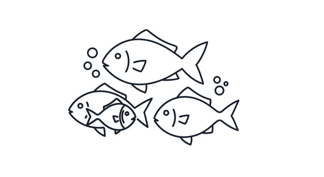 Group of simple line-art fish swim together in the water with tiny bubbles rising around them in a clean and minimalist marine graphic design.