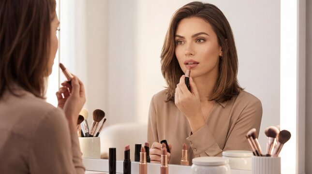 Woman adjusting lipstick in mirror while getting ready at home   - Powered by Adobe