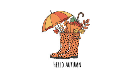 Charming autumn illustration of orange polka dot rain boots holding an umbrella and leaves with Hello Autumn text.