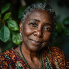 Black History Month portrait of Black elder smiling softly in garden