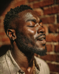 Black History Month portrait of Black poet reciting verses against brick wall
