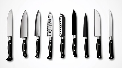 A collection of kitchen knives on a white background. knife set for all cooking needs
