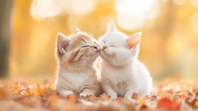 Adorable baby cats sharing a loving kiss under a tree. Sweet British Shorthair kittens kissing