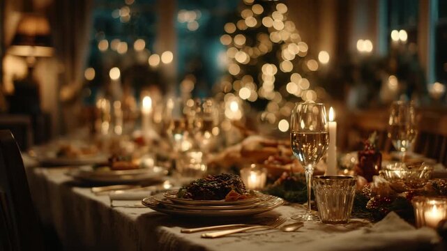 Elegant Christmas dinner table set with festive candles and glowing holiday lights