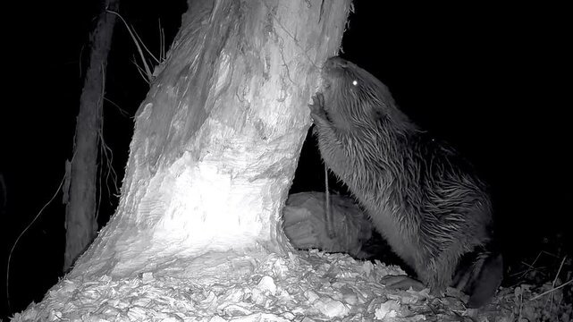 Biber, Castor fiber, nagt nachts im Winter an einem Holzstamm, Nahaufnahme, Nachtaufnahme, Nageger&auml;usche
