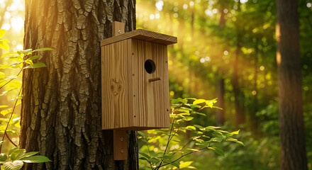 A wooden birdhouse mounted on a tree trunk in a lush forest