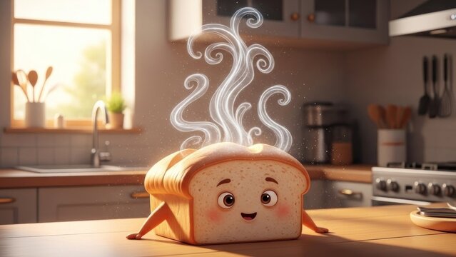 A cute, cartoon-style loaf of bread with steam rising from it, sitting on a kitchen counter.