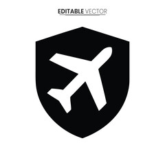 Obraz premium A black shield icon featuring a white airplane silhouette representing travel security and protection