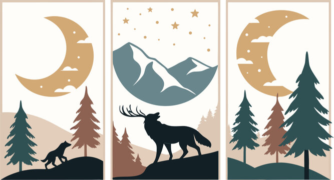 Set of abstract vertical background with autumn forest, animals, leaves in one line style and A modern minimalist vector illustration poster set featuring wild animals with double exposure landscape d