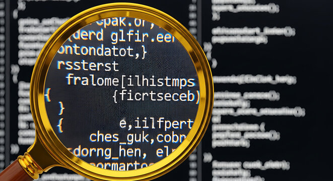A magnifying glass examining lines of code on a computer screen displaying programming syntax and errors. - Powered by Adobe