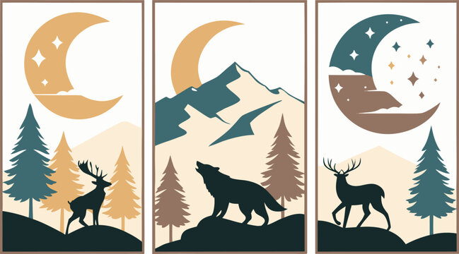 Set of abstract vertical background with autumn forest, animals, leaves in one line style and A modern minimalist vector illustration poster set featuring wild animals with double exposure landscape d