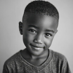 Black child with soft smile in simple setting for Black History Month