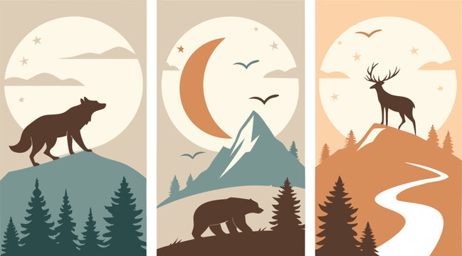 Set of abstract vertical background with autumn forest, animals, leaves in one line style and A modern minimalist vector illustration poster set featuring wild animals with double exposure landscape d