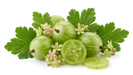 Fresh green gooseberries with leaves and flowers on a white background, including cut fruit