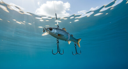 A fishing lure resembling a fish suspended underwater with hooks attached beneath the surface of the ocean.