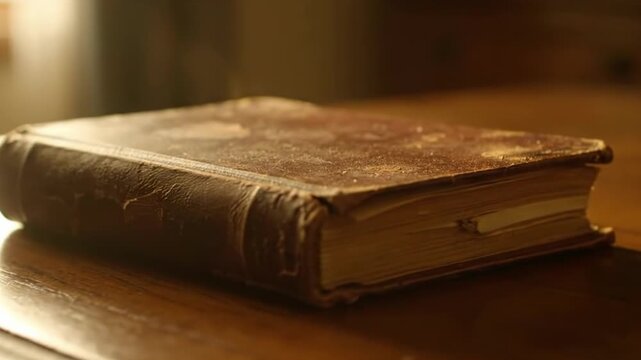 Vintage leather bound book on wooden desk