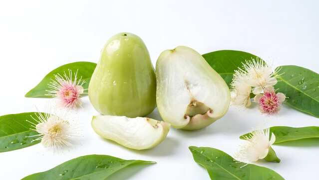 Fresh green rose apples, whole and sliced, beautifully arranged with leaves and blossoms
