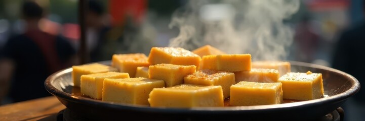 Golden brown tofu cubes, fragrant steam rising, street vendor cart, vegetarian, china