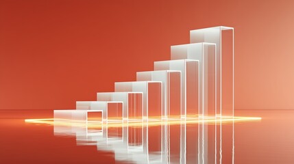 Ascending translucent white steps on glossy orange surface for business growth and financial progress concept.

