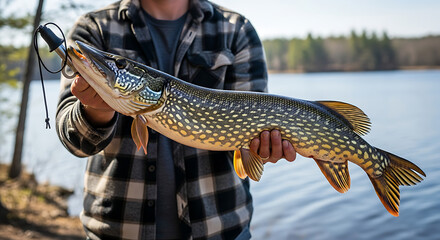 Man holding a large pike fish by the lake shore with a fishing rod in hand