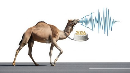 Running Dromedary Camel Carrying 2026 Cake and Abstract Sound Wave Composite isolated PNG with Transparent Background