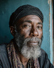 Black elder resting near doorway during Black History Month