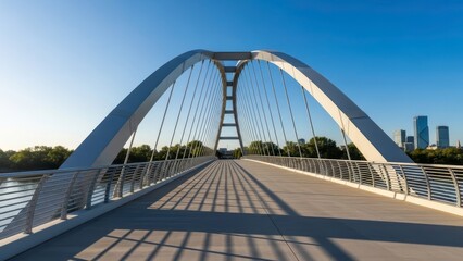 Obraz premium A modern suspension bridge with a sleek design leads to a city skyline on a clear day.