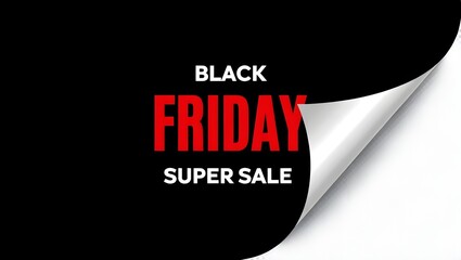 A promotional banner for Black Friday super sale with a curled corner revealing a white background.