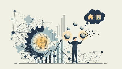 Man juggling ideas amidst financial graphs and technology.
