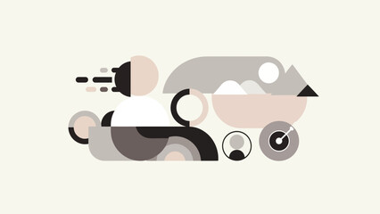 Abstract geometric shapes composition with arrow and megaphone elements.