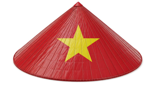 Front view of red Vietnamese n&oacute;n l&aacute; hat with yellow star, traditional bamboo conical hat isolated on white, symbol of Asian culture, heritage, and lifestyle.