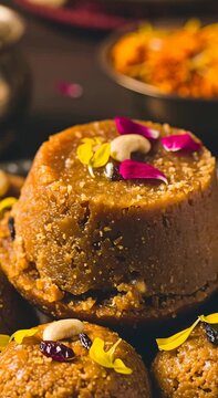 Tasty Indian sweet dessert decorated with cashew nut, raisin, and flower petals, close up food footage