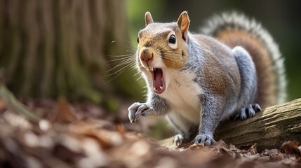 Obraz premium Gray Squirrel With Open Mouth Screaming From A Log Amid Forest Leaves