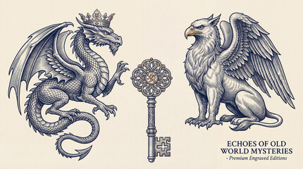 Intricate engravings of a dragon and a griffin guarding a mysterious key from a premium collection of mythical wonders