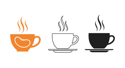 Set of three coffee cup icons in different styles including one orange with a bean motif and two classic black and white versions.
