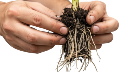A person holding a plant with roots and soil on transparent background