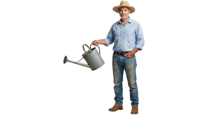 A smiling farmer wearing a straw hat holds a watering can on transparent background