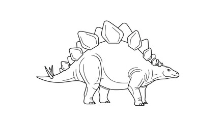 Obraz premium Simple black and white line drawing of a prehistoric stegosaurus dinosaur showing its distinctive plates and spiked tail.