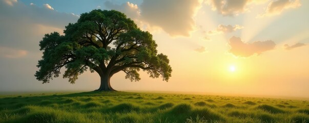 Majestic oak, long shadows on dewy grass, misty dawn, countryside, atmospheric, tranquil