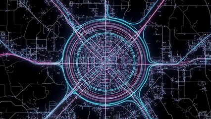 A futuristic city map displays vibrant neon lines and circular patterns on a dark background with a prominent central design.