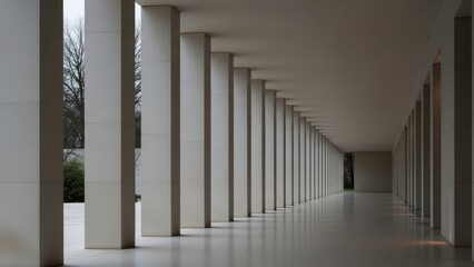 Obraz premium A long, modern corridor with white columns and a sleek floor, ideal for corporate or architectural designs