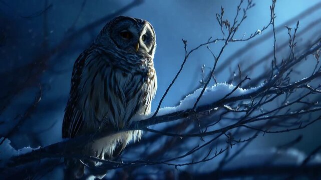 Owl perched on snowy tree branch at night in winter forest