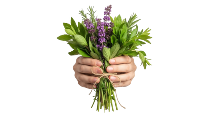 A hand holding a bouquet of fresh herbs and flowers on transparent background