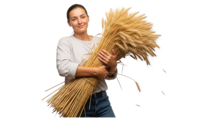 A smiling woman holding a large bundle of wheat on transparent background