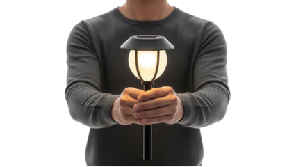 A person holding a glowing solar powered lamp on transparent background