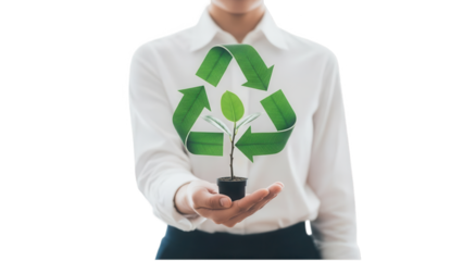 A businesswoman holding a small plant with a recycling symbol on her shirt, on transparent background