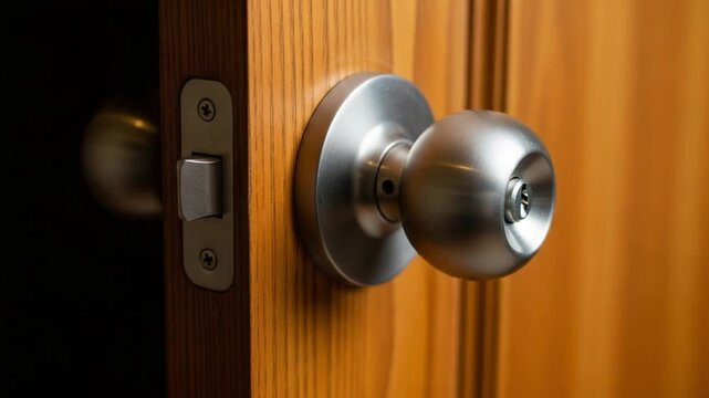 Closeup of a silver doorknob on a wooden door with a latch