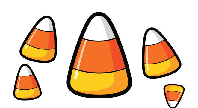 Various sizes of traditional halloween candy corn pieces with white orange and yellow stripes on a plain white background.
